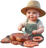 a baby wearing a straw hat is grilling meat