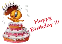 a tweety bird is standing on top of a birthday cake with the words happy birthday written below it