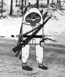 a black and white drawing of a cat in a snow suit holding a rifle .