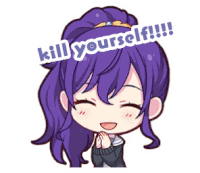 a cartoon girl with purple hair is smiling and says kill yourself