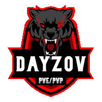 a logo for dayzov pve / pvp with a black and red wolf