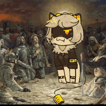 a drawing of a cat standing in front of a crowd of soldiers with the date 25.08.08