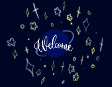 the word welcome is surrounded by glowing stars on a dark blue background