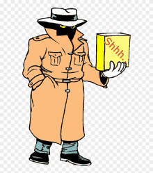 a cartoon drawing of a man in a trench coat holding a book that says shhh