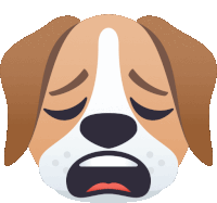 a brown and white dog with its eyes closed and a sad expression on its face