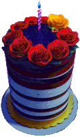 a birthday cake with red and yellow roses and a candle on top