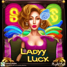 a poster for lady luck shows a woman in a pink dress