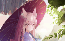 a girl with fox ears holds an umbrella in her hand