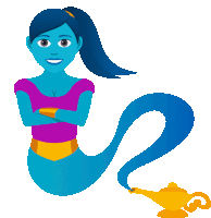 a cartoon illustration of a genie with a long blue tail