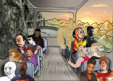 a cartoon of a group of people on a bus with a doge