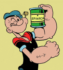 popeye holds a can of spinach in his hand