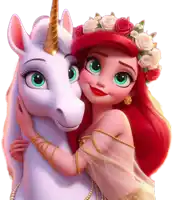 a little girl with red hair is hugging a unicorn