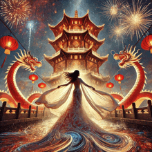 a woman in a long dress stands in front of a chinese temple with dragons and fireworks