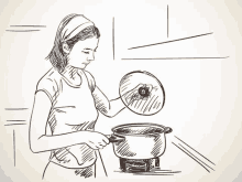 a woman is cooking food in a pot on a stove in a sketch .