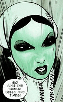 a black and white cartoon of a woman with a green face and black eyes .