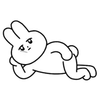 a black and white drawing of a rabbit laying down with a sad face