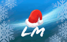 a lm logo with a santa hat and snowflakes