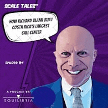 a bald man in a suit and tie is smiling on a purple background with a speech bubble .