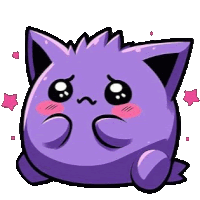 a purple cartoon cat with a sad face and pink cheeks .