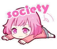 a girl with pink hair is laying on her stomach with the word society above her head