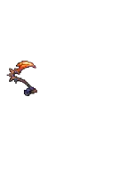 a pixel art drawing of a sword with a flame coming out of it on a white background .