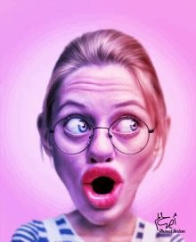 a drawing of a woman with glasses and a surprised look on her face is signed by ahmed salem