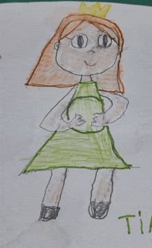 a child 's drawing of a girl wearing a green dress and a crown