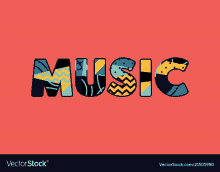 the word music is written in colorful letters on a red background .