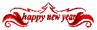 a happy new year sign with a red ribbon and a christmas tree