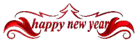 a happy new year sign with a red ribbon and a christmas tree