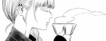 a black and white drawing of a woman drinking from a cup