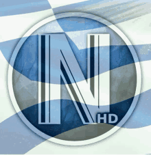 the letter n is in a circle with a blue and white flag in the background