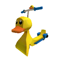 a yellow duck on a blue scooter with a yellow rubber duck on the handlebars