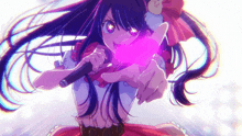 a girl with long black hair is singing into a microphone with a pink light coming out of her mouth