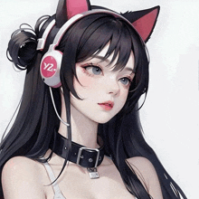 a girl with cat ears and headphones that say y2