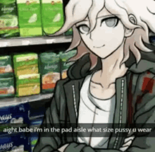 a cartoon character from danganronpa is standing in front of a shelf of tampons .