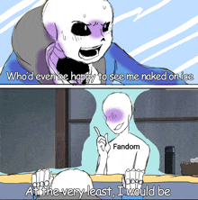 a cartoon of a skeleton talking to a fandom figure