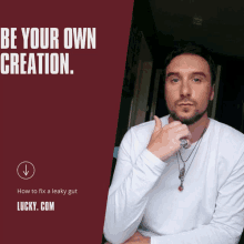 a man in a white shirt is sitting in front of a red background that says be your own creation