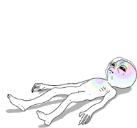 a drawing of an alien laying down with a rainbow colored head