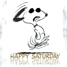 a black and white drawing of snoopy wearing sunglasses and the words happy saturday