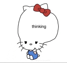 a drawing of a hello kitty with a red bow and the word thinking on it .