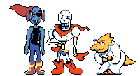 a pixel art of undertale characters including papyrus and alphys standing next to each other on a white background .