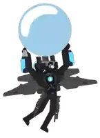 a cartoon character is flying through the air while holding a blue sphere .