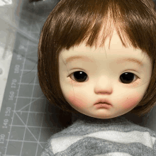 a close up of a doll 's face with a ruler in the background that goes up to 180