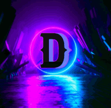 the letter d is in a neon circle with a purple background