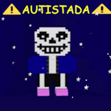 a pixel art drawing of a skeleton with the words autistada above him