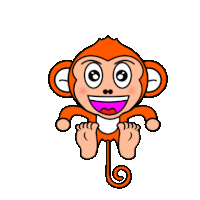 a cartoon monkey with a spiral tail is smiling and holding its feet