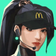 a woman wearing a mcdonald 's hat with a m on it .