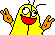 a pixel art illustration of a yellow cartoon character with a red mouth and orange arms .