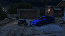 a blue car is parked in front of a garage with a for sale sign